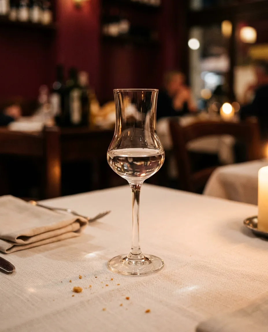 Verre de grappa sur une nappe blanche, le soir