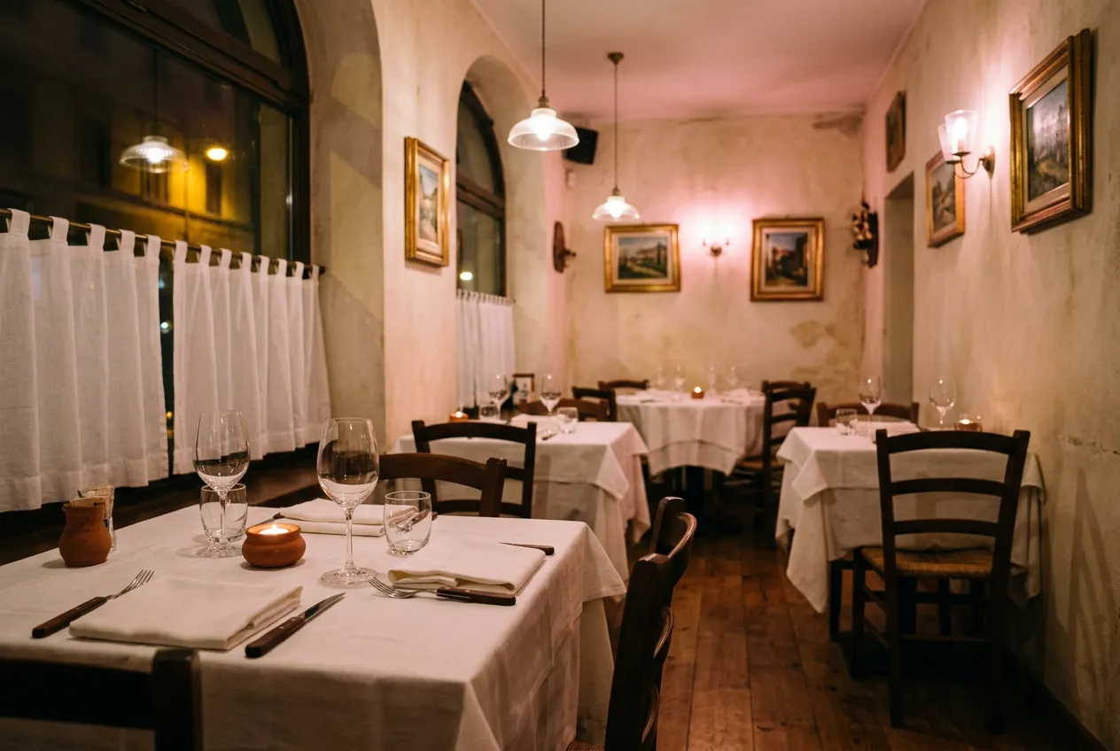 Salle de trattoria le soir, nappes blanches et rideaux bistrot